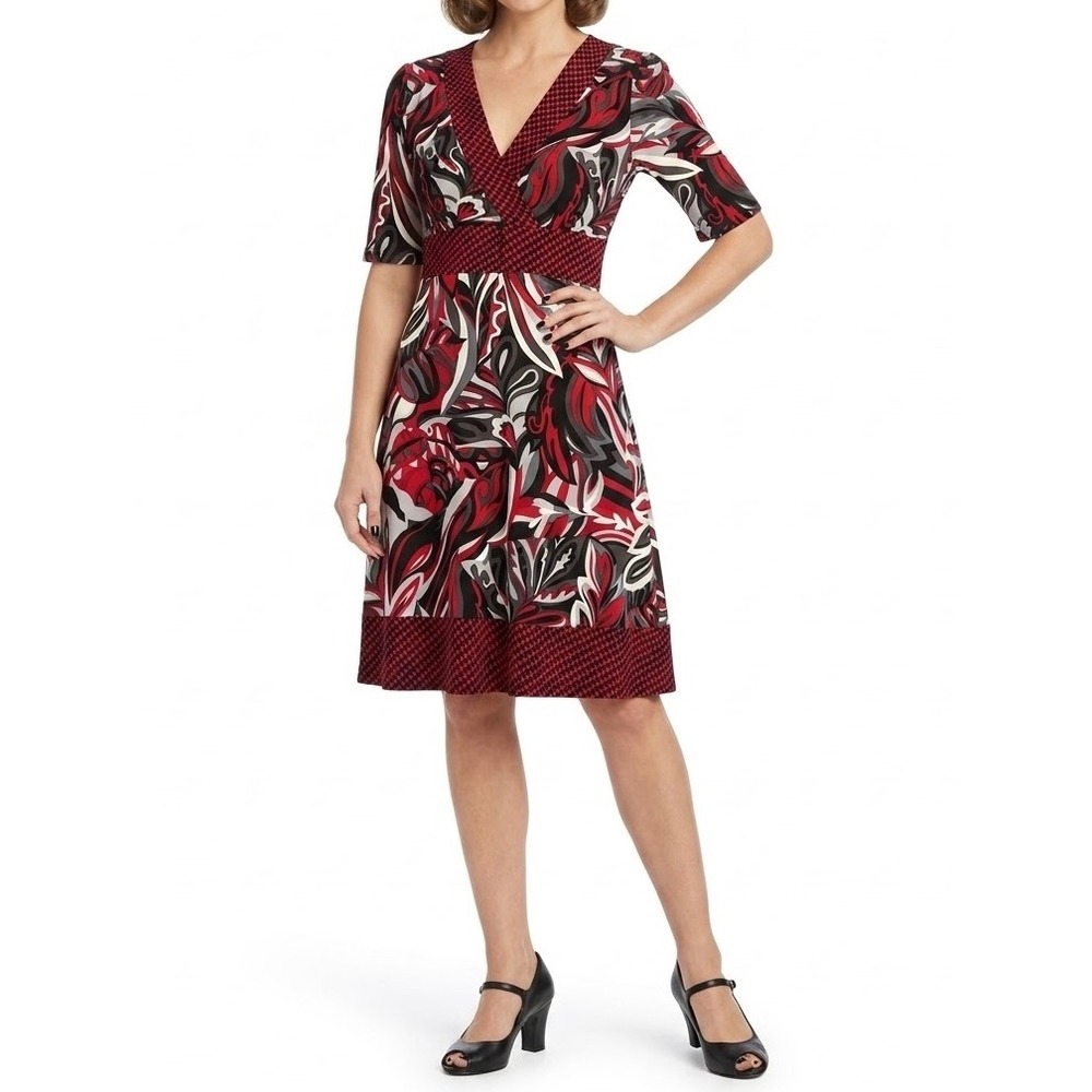 SUZIE in the CITY Women Vtg RedBlack Floral V-Neck Knee Length Y2K Dress MEDIUM